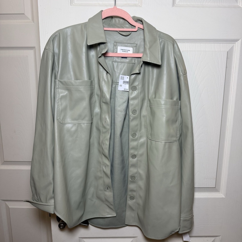 American Eagle Faux Leather Button Shirt Sage Green Size M MSRP 54.95‎
